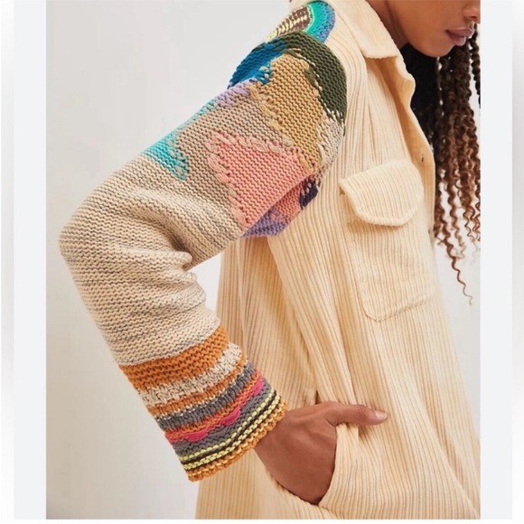 Anthropologie Jackets & Blazers - Anthropologie Pilcro Crochet Sleeve Multicolor Button Down Shacket Size M